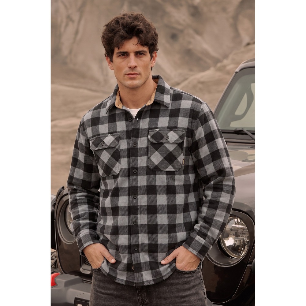 Legendary Whitetails Fleece Shirt Jacket Large Gray Black Buffalo Plaid Rugged